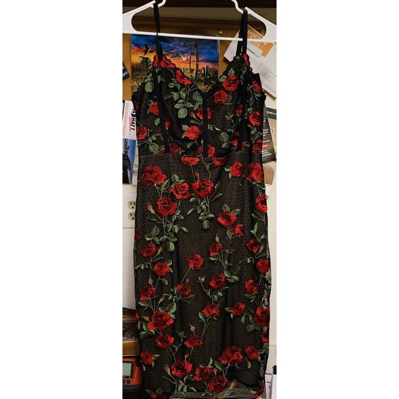 BCBG Maxazria Women's Size 6 Embroidered Rose Black Midi Dress - Picture 2 of 11